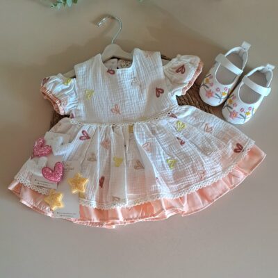 Renkli Kalpli  Müslin Elbise %100 Pamuk