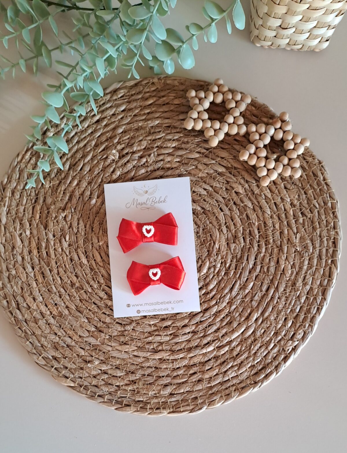 Kırmızı Kalp Detaylı Kurdale Saçlı/Saçsız Bebek Tokası 2li Set - Görsel 1