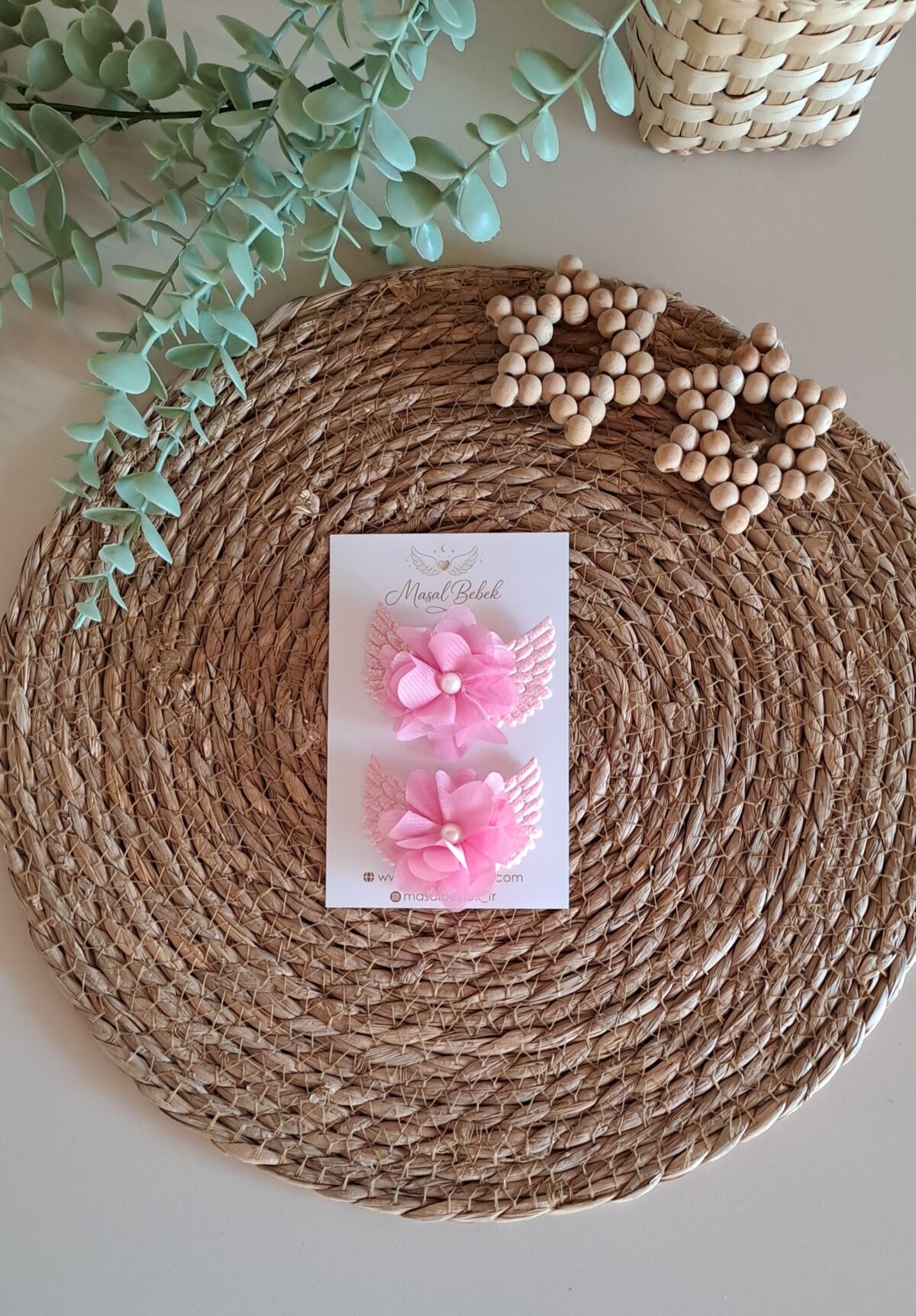 Pembe Melek Kanatlı Çiçekli Saçlı/Saçsız Bebek Tokası 2li Set - Görsel 2