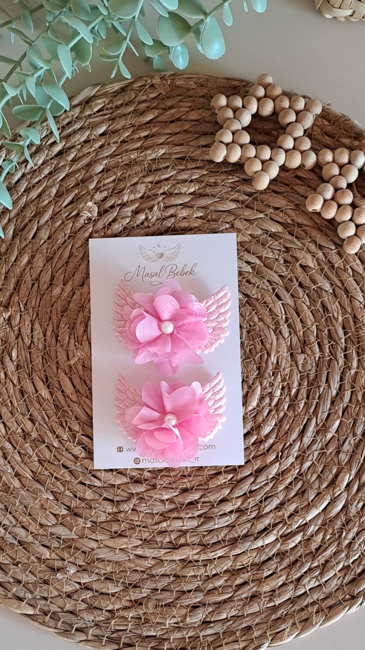 Pembe Melek Kanatlı Çiçekli Saçlı/Saçsız Bebek Tokası 2li Set - Görsel 1