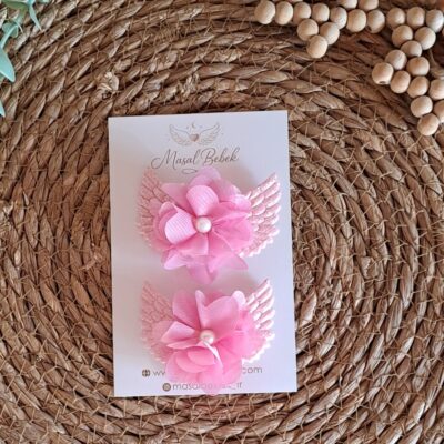 Pembe Melek Kanatlı Çiçekli Saçlı/Saçsız Bebek Tokası 2li Set