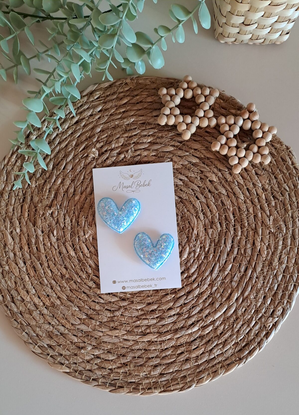 Mavi Parıltılı Kalp Saçlı/Saçsız Bebek Tokası 2li Set - Görsel 1