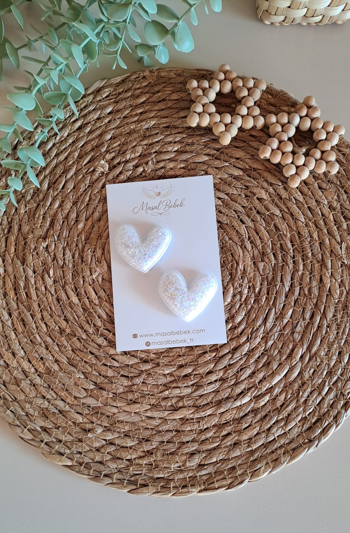 Beyaz Parıltılı Kalp Saçlı/Saçsız Bebek Tokası 2li Set - Görsel 1