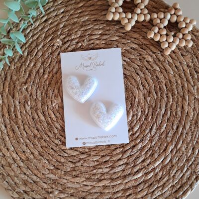 Beyaz Parıltılı Kalp Saçlı/Saçsız Bebek Tokası 2li Set