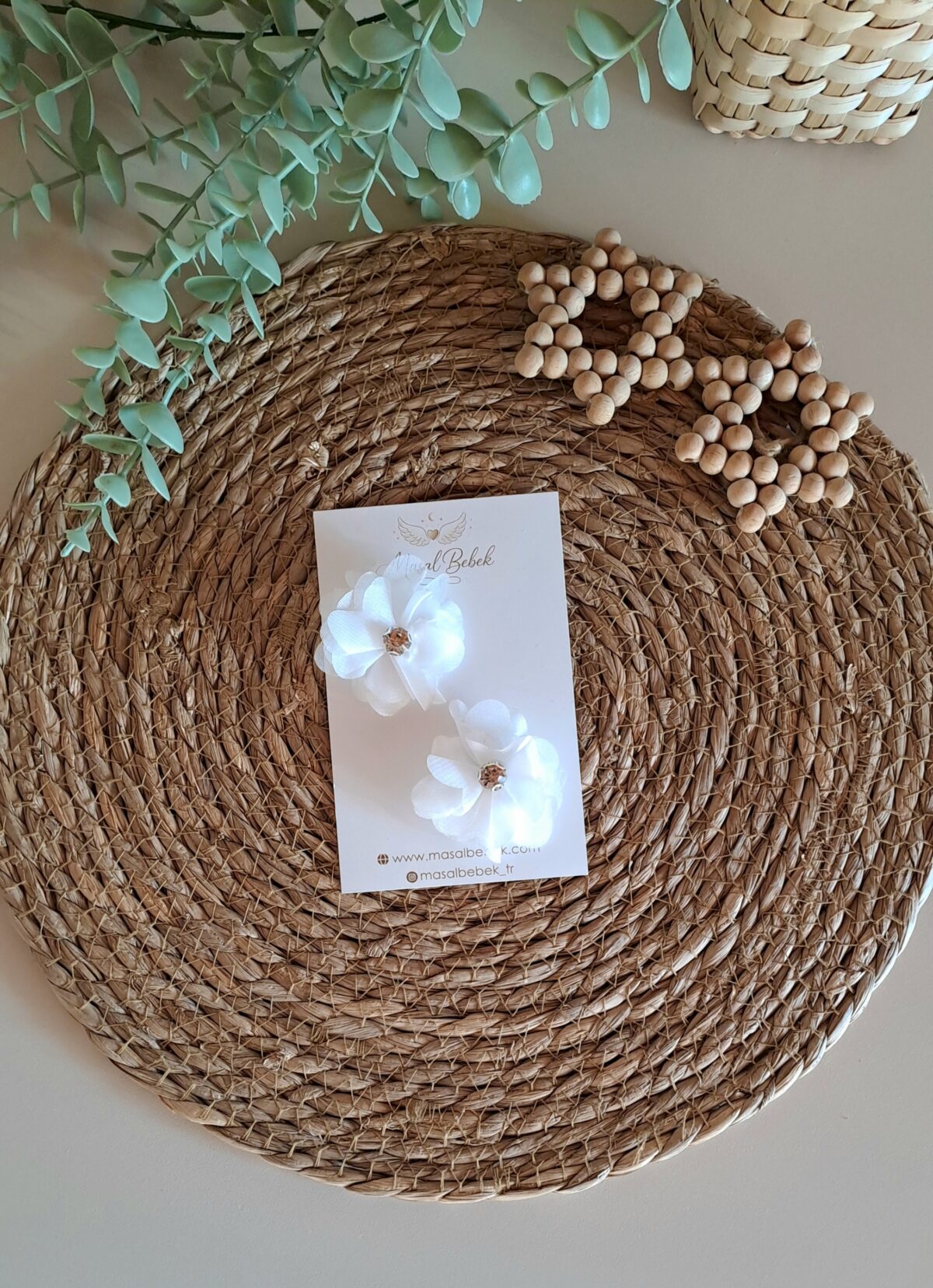 Beyaz Taşlı Çiçekli Saçlı/Saçsız Bebek Tokası 2li Set - Görsel 1