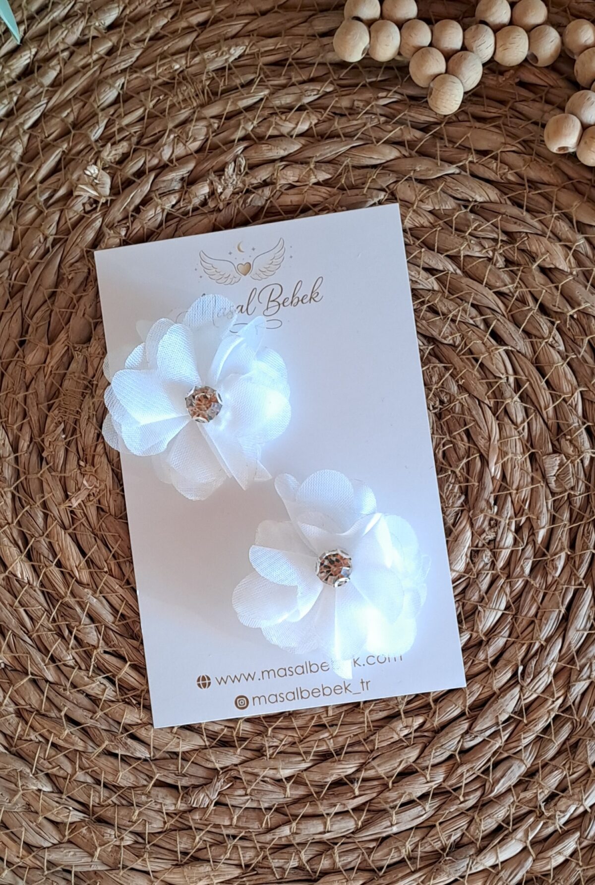 Beyaz Taşlı Çiçekli Saçlı/Saçsız Bebek Tokası 2li Set - Görsel 2