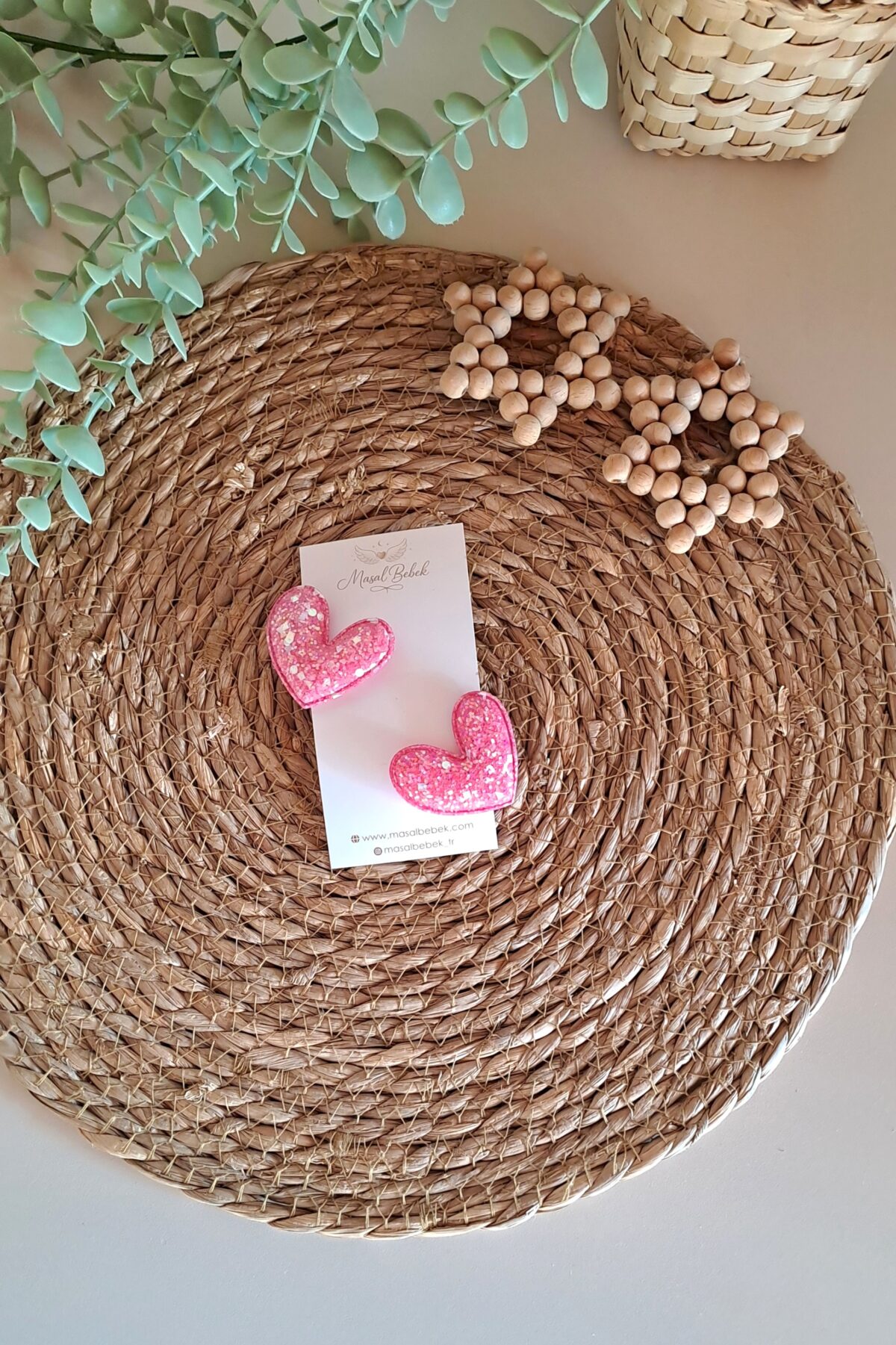 Pembe Parıltılı Kalp Saçlı/Saçsız Bebek Tokası 2li Set - Görsel 1