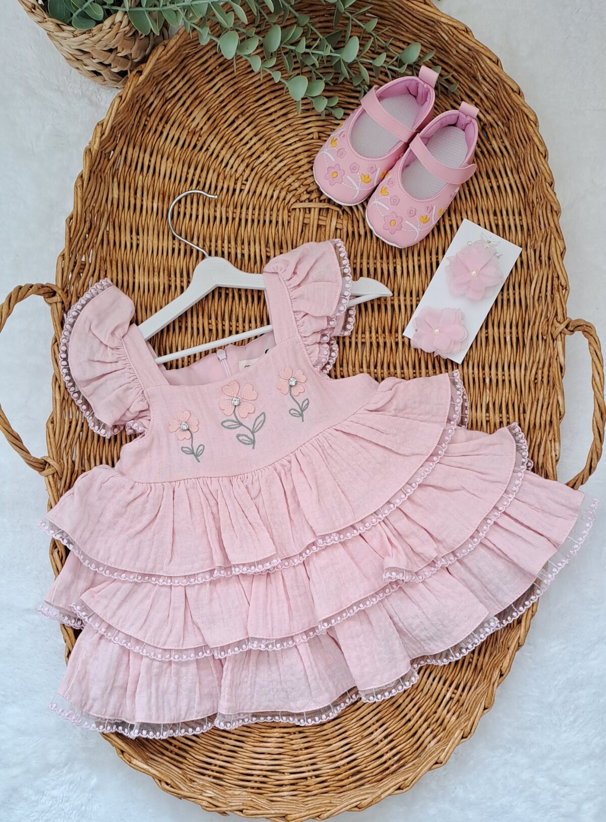 Kız Bebek %100 Pamuk Organik Müslin Pembe Çiçek Fırfırlı Elbise - Görsel 1