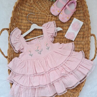 Kız Bebek %100 Pamuk Organik Müslin Pembe Çiçek Fırfırlı Elbise