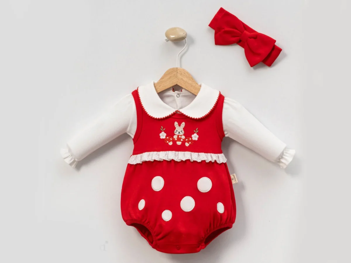 %100 Pamuk Tavşan Nakışlı Saç Bantlı Romper - Görsel 2