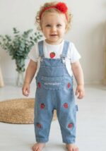 Pamuk Çilek Nakışlı Kot Salopet ve Tişört %100 Pamuk - Görsel 2