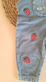 Pamuk Çilek Nakışlı Kot Salopet ve Tişört %100 Pamuk - Görsel 7