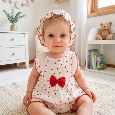 Fiyonklu Kalpli Şapkalı Bebe Barbatöz Tulum %100 Pamuk Müslin
