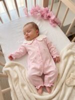 Çiçek Desenli Nakışlı Pembe Kız Bebe Tulum