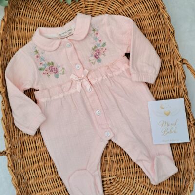 %100 Pamuk Nakış Bebe Yaka Düğmeli Tulum